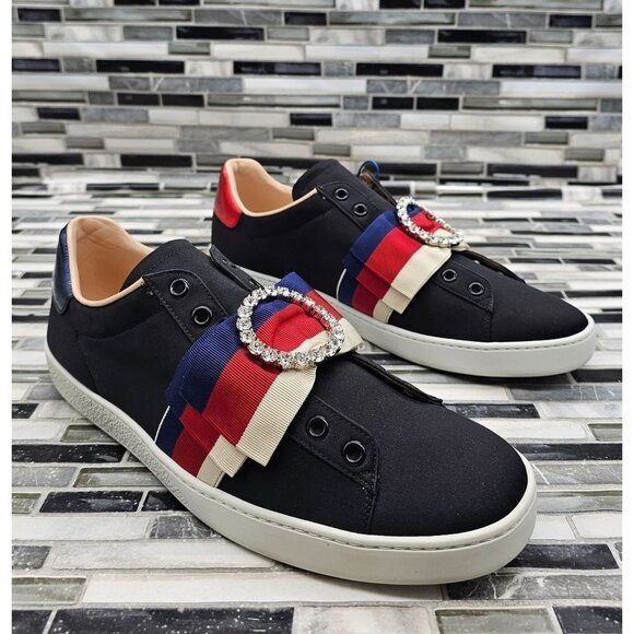 Gucci Poli Black-Multicolor Stripe Diamond Women's Sneakers Size 41 - Picture 2 of 11